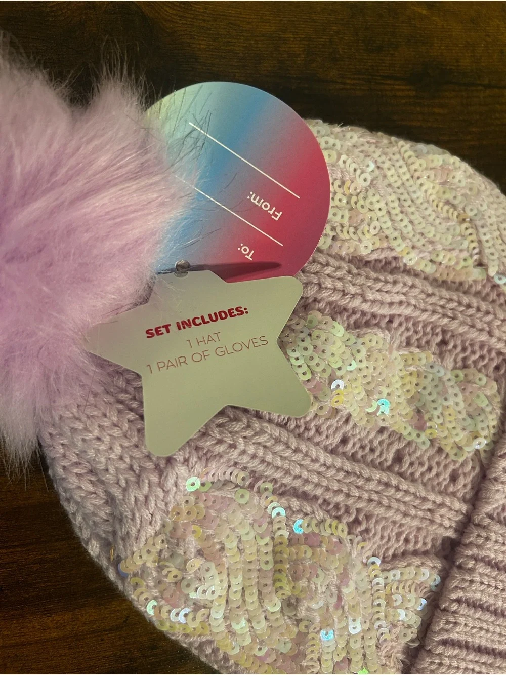 Justice Girls Lavender Purple Sequin Cable Knit Beanie Hat and Glove Set NWT